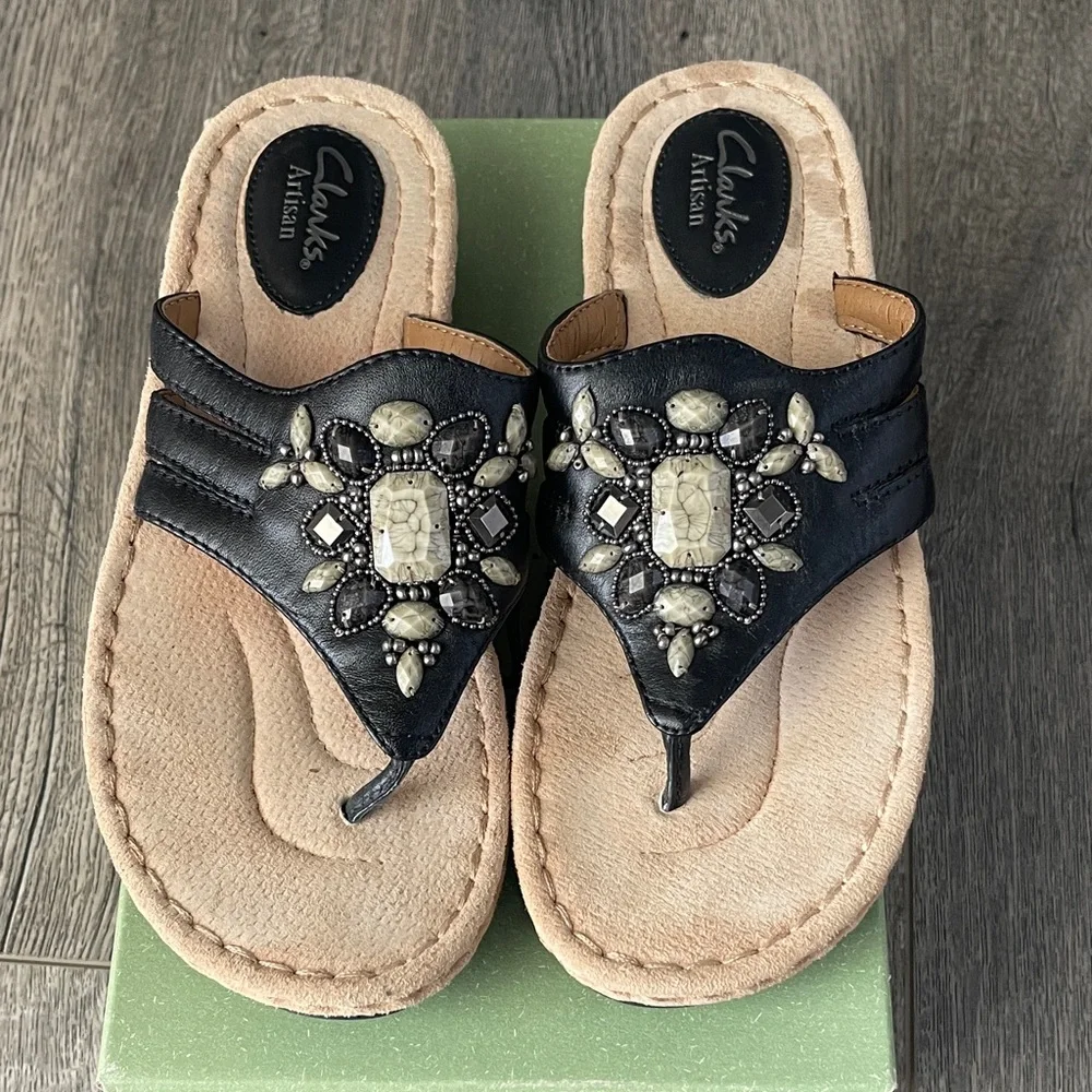 Clarks Artisan Black and Cream Sandals with Embellishments - Picture 2 of 10